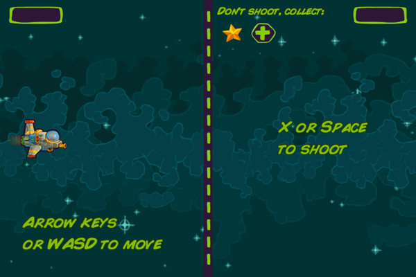 Anleitung-Bildschirm eines Spielerschiffs (mit Sternen im Hintergrund), das sich über Tastatur und Maus steuern lässt, mit der sichtbaren Nachricht: "Pfeiltasten oder WASD zum Bewegen" und "X oder Space zum Schießen".