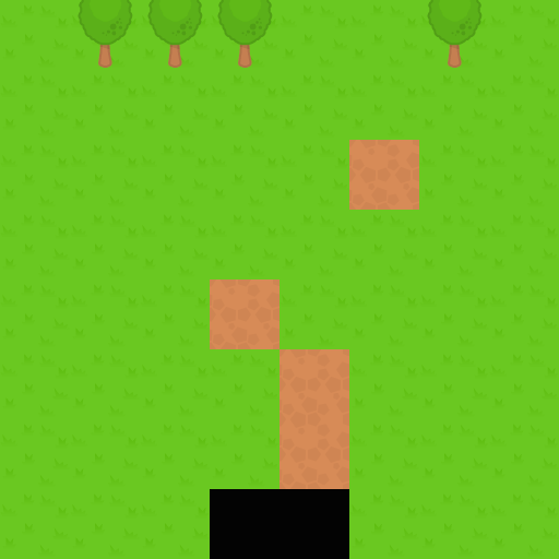 Luftansicht eines Feldes mit Bäumen, Gras und Boden aus wiederholten Abschnitten der Tilemap.