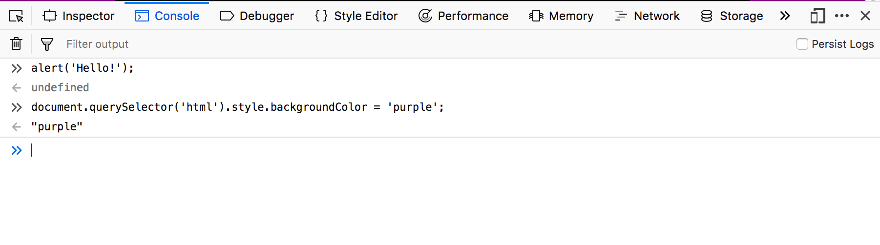 Der Konsole-Tab der Entwicklerwerkzeuge des Browsers. Zwei JavaScript-Funktionen wurden in der Konsole ausgeführt. Der Benutzer hat Funktionen eingegeben und die Konsole zeigt die Rückgabewerte an.