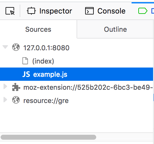 Ausschnitt aus dem Quellenbereich des Debugger-Tabs in den Entwicklerwerkzeugen des Browsers. Die mit der aktuellen Seite verbundenen Dateien, die Sie debuggen, sind unter dem Ordner sichtbar, dessen Name mit der URL der Seite übereinstimmt, die im aktuellen Browsertab geöffnet ist.