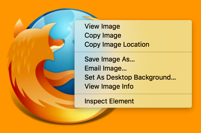 Das Firefox-Logo als ein DOM-Element auf einer Beispielwebsite mit einem angezeigten Kontextmenü. Ein Kontextmenü erscheint, wenn ein Element auf der Webseite mit der rechten Maustaste angeklickt wird. Das letzte Menüelement ist „Element untersuchen“.