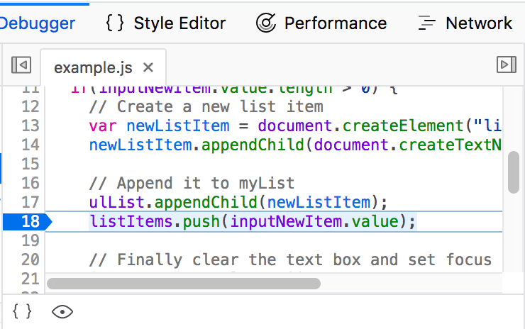 Ausschnitt des Entwicklerwerkzeuge-Debugger-Panels mit dem bei Zeile 18 hervorgehobenen Haltepunkt.
